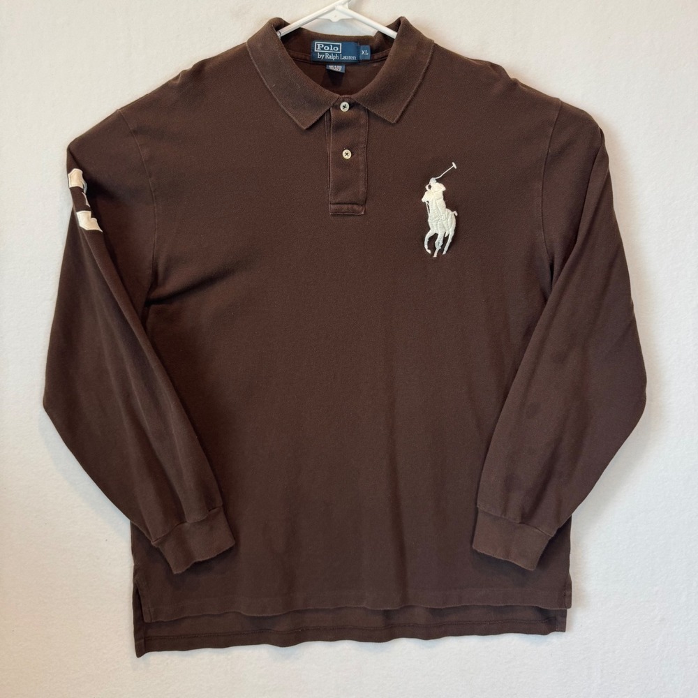 Polo Ralph Lauren Mens XL Brown Big Pony Long Sleeve Polo Shirt Patch 3 Cotton